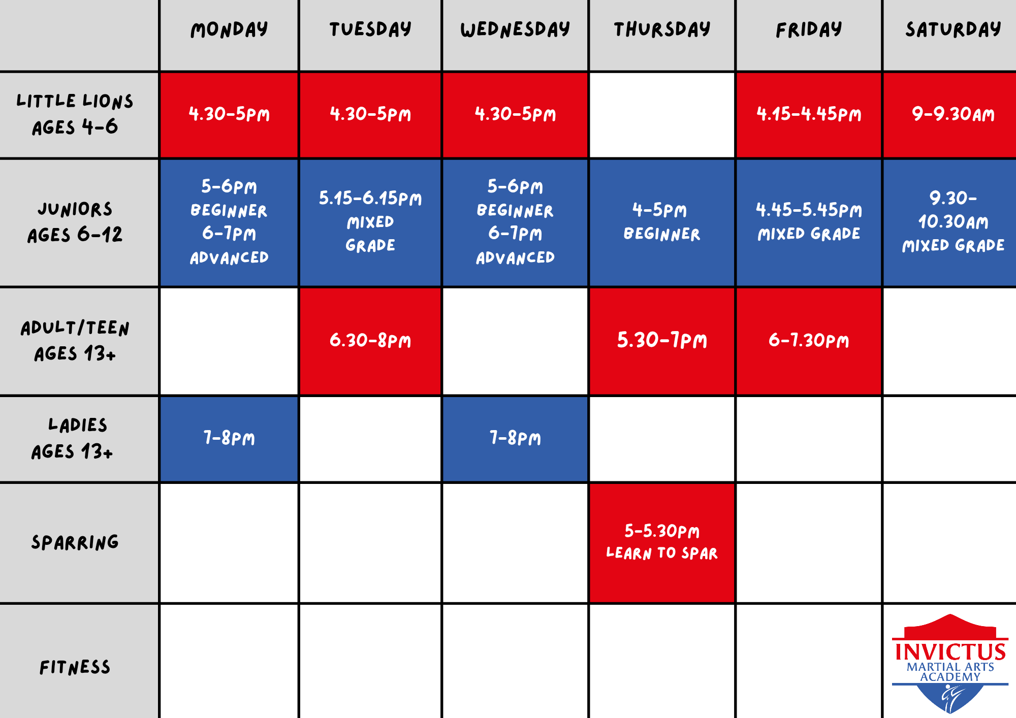 Invictus Martial Arts Academy weekly timetable — Monday to Saturday